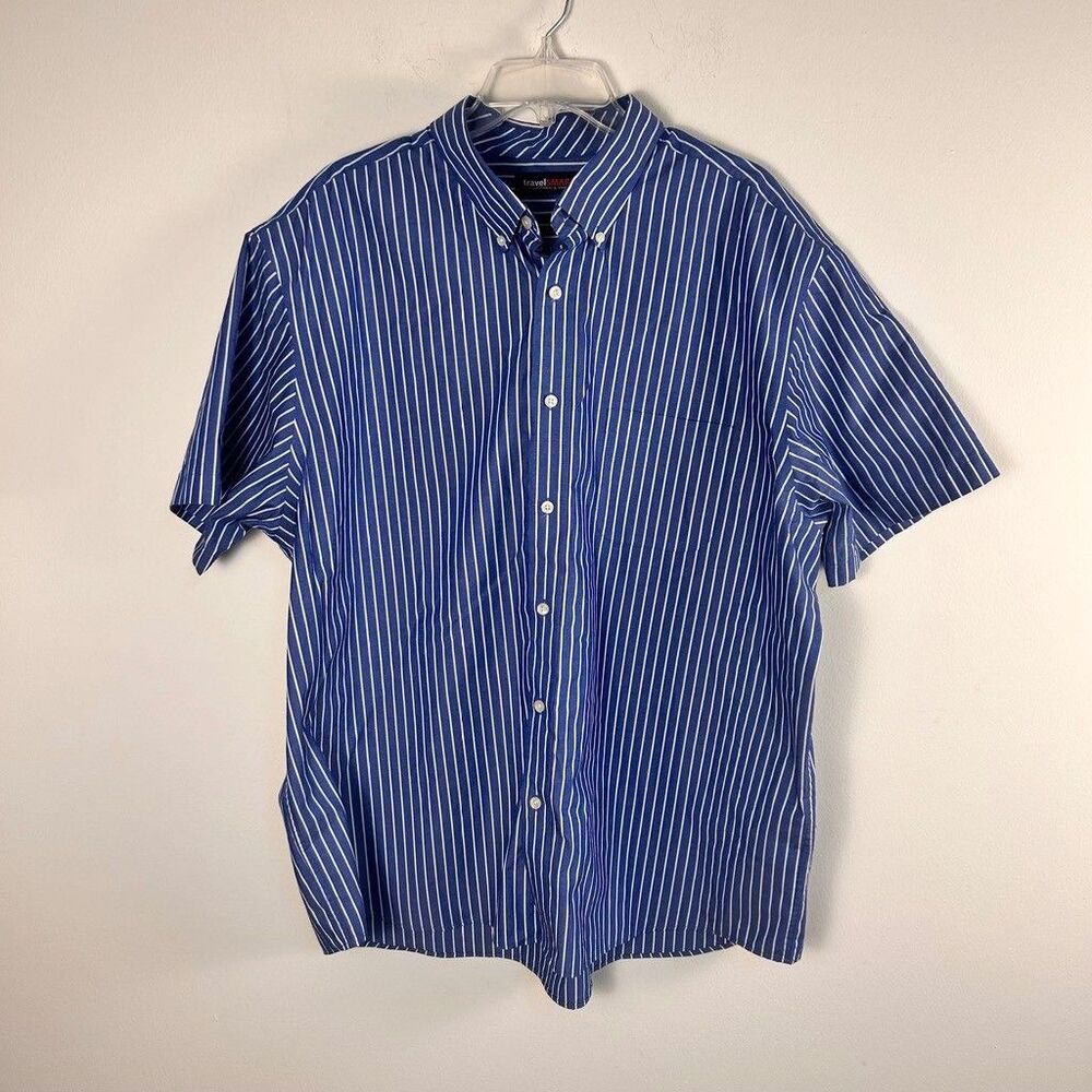 Roundtree Yorke TravelSmart Shirt Mens XXL Blue White Striped Short Sleeve